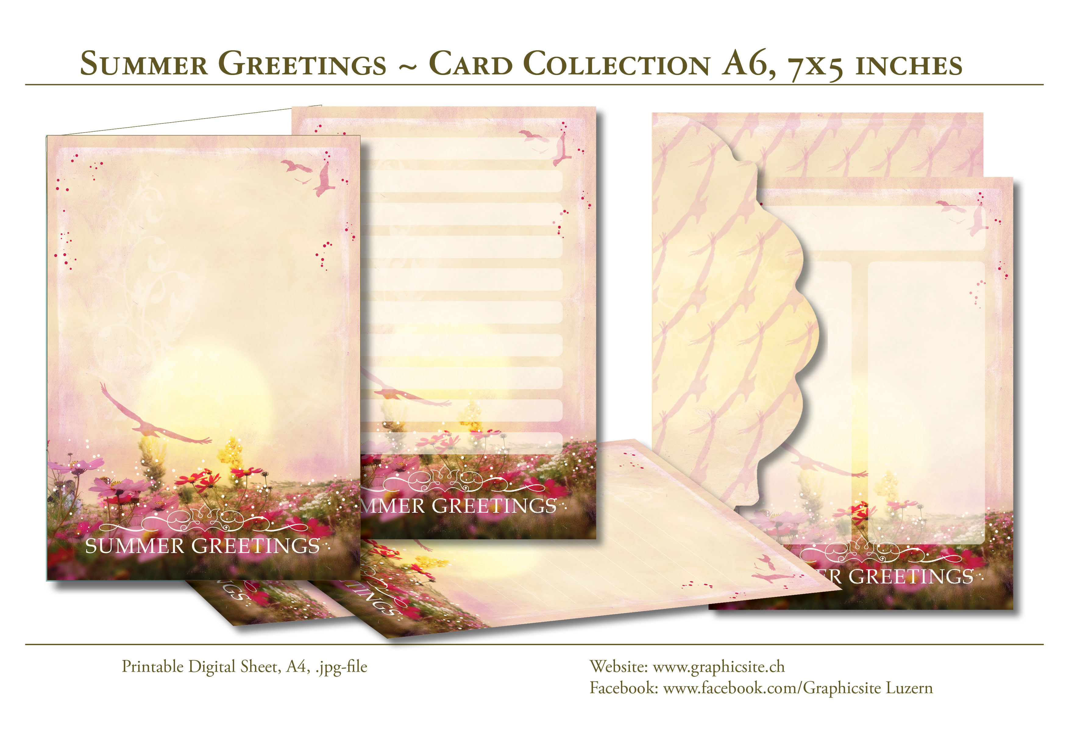 Printable Digital Sheets - Greeting Cards, Notecards, Summer, Flowerfield, flowers, birds, sun, envelop, graphic design, Luzern 
